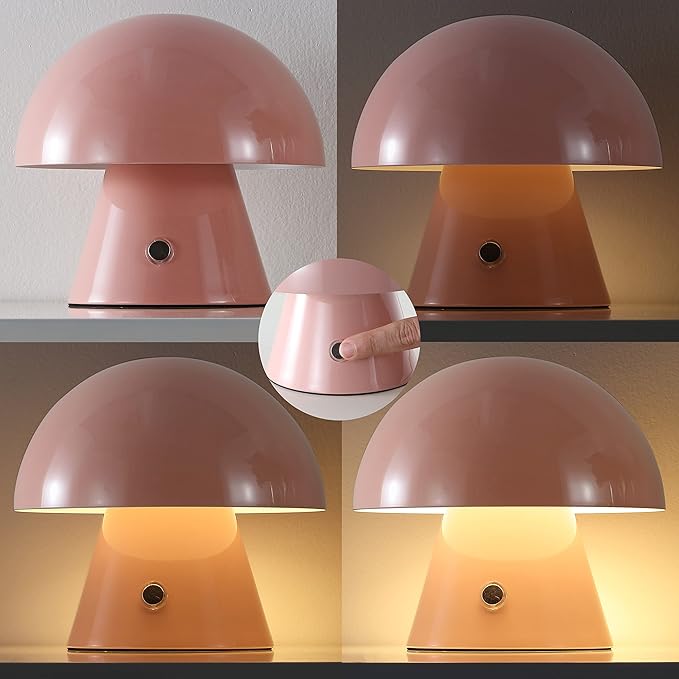 JONATHAN Y 7" Pink Rechargeable Cordless Mushroom Table Lamp, Portable LED Nightstand Lamp for Bedroom Living Room, Metal Shade, 3-Way Dimmable Touch Sensor Modern Accent (JYL7116D)