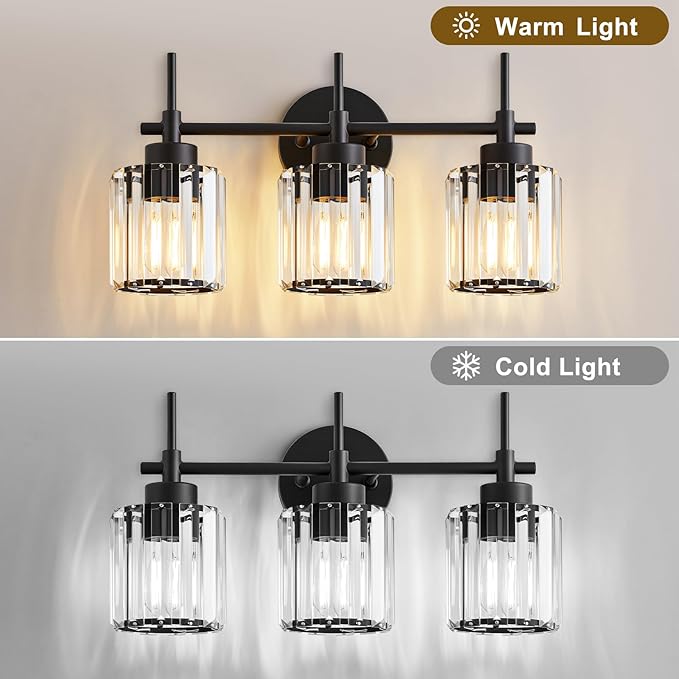 3 Light Crystal Vanity Light, Bathroom Lighting Fixtures Over Mirror Black Crystal Wall Light Bath Wall Lighting Modern Bath Wall Sconce Lighting for Bedroom Living Room