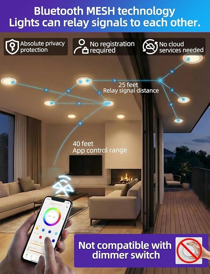 Retrofit LED Recessed Lighting 5/6 Inch, Color Changing, 13W Bluetooth APP Control, Color Temperature Tunable 2700K-6000K, ETL (6 Pack)
