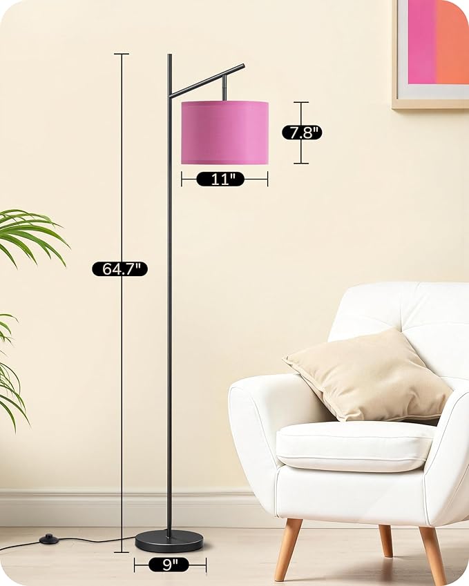 EDISHINE Modern Floor Lamps for Living Room, 64.7" Minimalist Standing Lamp with 3 Color Temperatures Bulb & Adjustable Linen Shade, Foot Pedal Switch, Arc Tall Lamp for Office Bedroom, Pink Shade