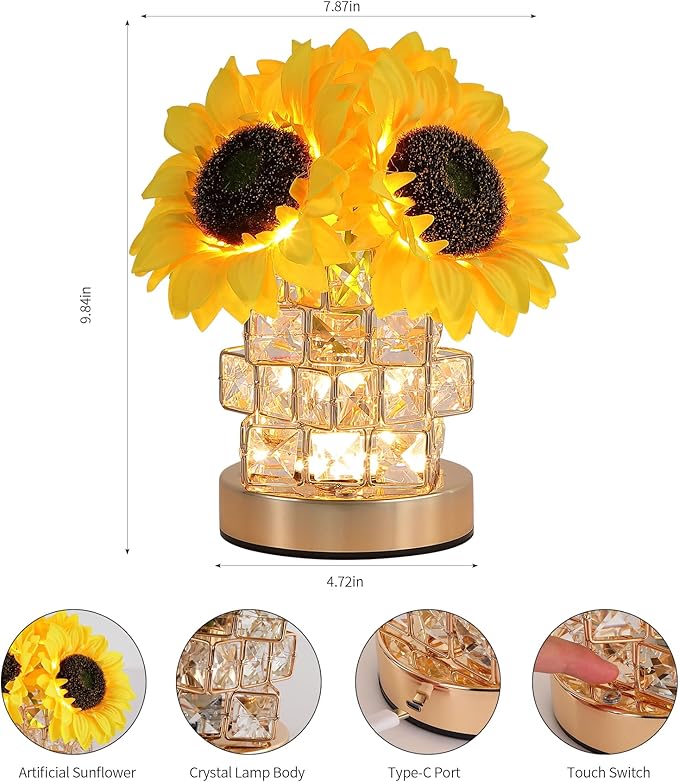 Sunflowers Flower Lamp,Rechargeable Cordless Touch Lamp,3-Colour Infinitely Dimming Small Night Light,Crystal Table Lamp,Christmas/Mother's Day/Birthday Gifts for Women,Home Decor.