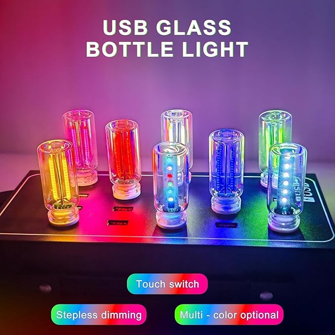 Car USB Night Light Touch Dimmable - 8-Pack Retro LED Filament Lamp for Truck Interior, Bedroom & Camping | Glass Bottle Ambiance Lighting (8 PCS (Multicolor))