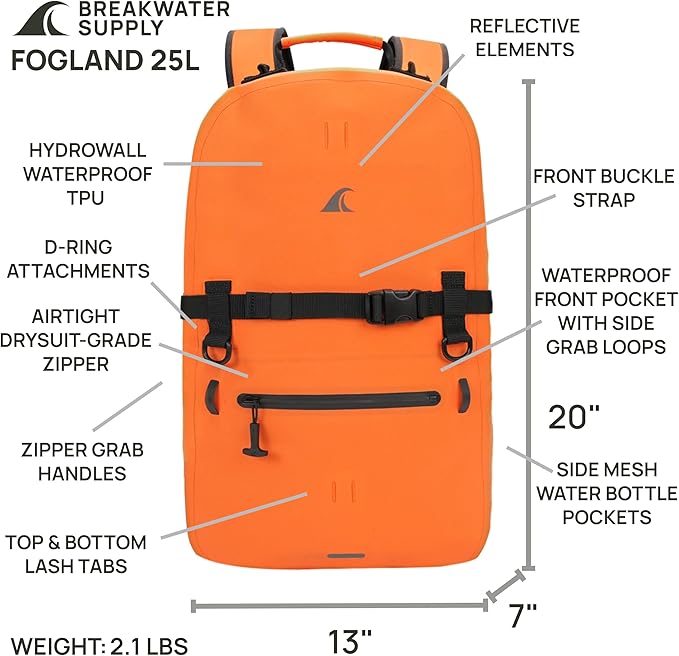 Breakwater Supply™ Waterproof IP68 Submersible Backpack with Airtight Zippers | Laptop Travel Outdoors | Fogland 25L 20L 15L | 100% Waterproof, Submersible, Airtight Zippers, Travel Outdoors