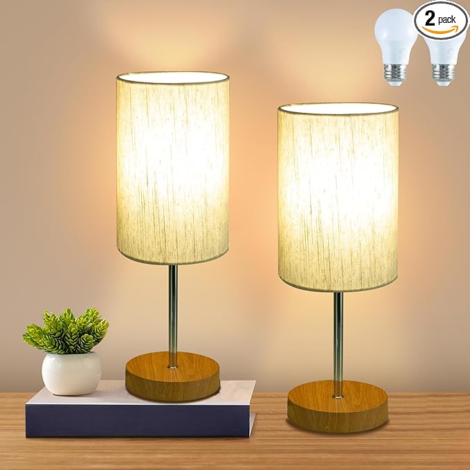 2 Pack Small Table Lamps, Bedside Lamps for Nightstand with Wire Switch, Modern Minimalist Desk Lamp with Linen Fabric Shade for Dorm Kids Room Living Room Office Bedroom, Bulb Included-L