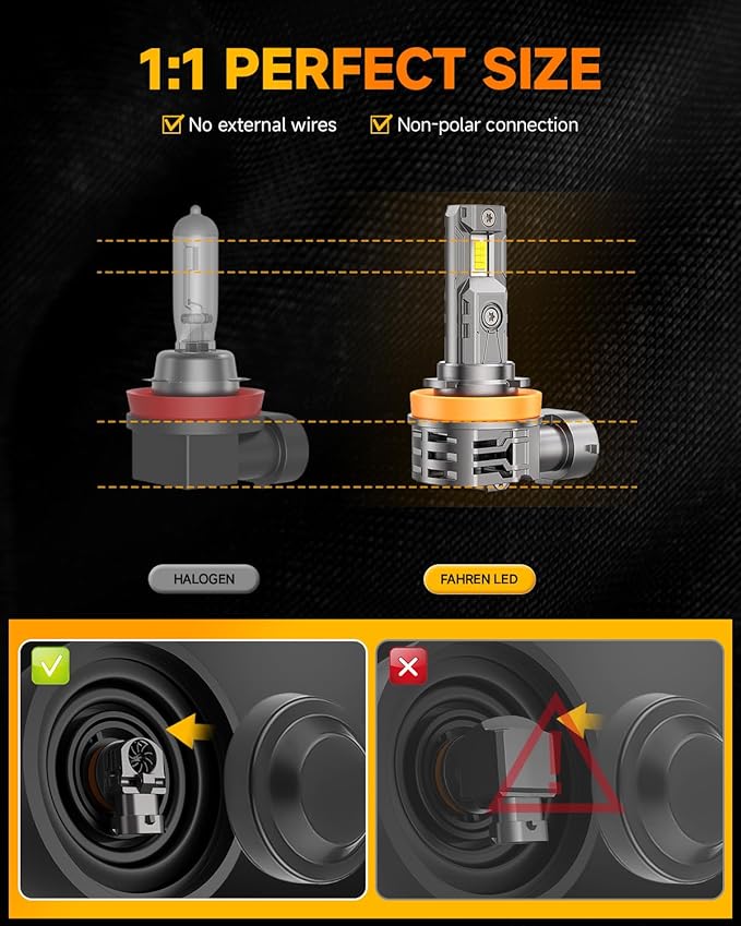 FAHREN 2026 H11/H9/H8 bulbs, 𝟓𝟎,𝟎𝟎𝟎𝐋𝐌 𝟏𝟎𝟎𝟎% Brighter 1:1 Mini Size 6500K Light Kit H11 bulbs With Fan, 10-Year Extended Lifespan, Quick Install No Adapter Needed Plug and Play, Pack of 2