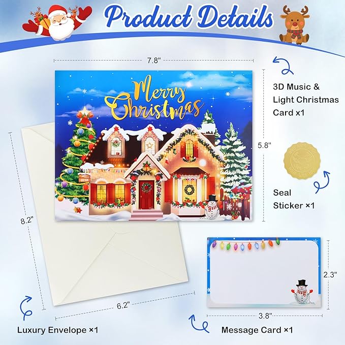 FaCraft Musical Christmas Cards, with Lights and Music, Decorated House, Handmade 3D Pop Up Christmas Card, with Envelope, Blank Insert and Seal, for Winter, Holidays, New Year