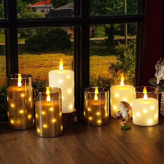 Real Wax Flameless Candles Glass,Battery Operated LED Candles with Flickering Flame,Glass Shell,Interior Star Light Decoration Set of 3 Grey (D 3"×H 4" 5" 6") for Home Decor,Holiday Decoration