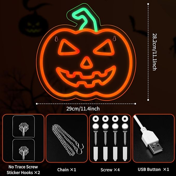 MissAudrey Halloween Light Up Pumpkin Neon Sign, Neon Sign Halloween Window Hanging Lights, Green Orange Acrylic Thanksgiving Art Wall Fall Decor for Home Bedroom Bar Pub Club Party，5V USB Powered