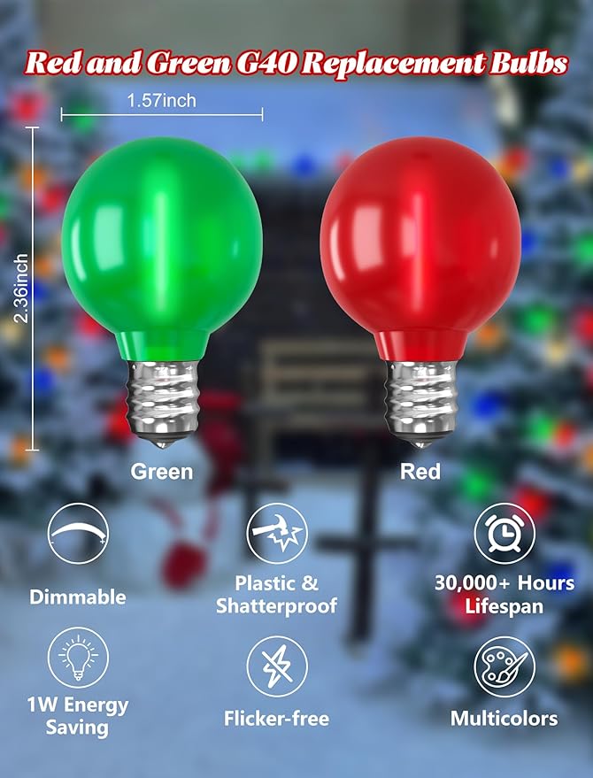 25 Pack Frosted Red Green G40 LED Light Bulbs – 0.6W E12 Base Replacement Bulbs for Christmas Lights, String Light Bulb for Outdoor String Lights, Christmas Tree, Porch, Holiday Decorative Lighting