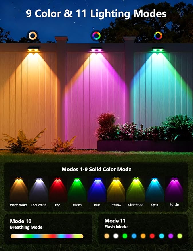 Solar Fence Lights Outdoor, 4 Pack Color Changing Fence Lights Solar Powered with 9 RGB Colors & 11 Lighting Modes, IP65 Waterproof Dusk to Dawn Fence Lights for Patio, Deck, Wall, Backyard