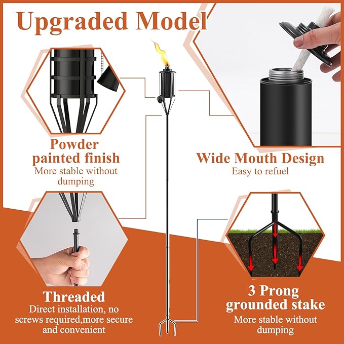 Upgraded Citronella Garden Torch Set of 4, Large Capacity 16oz Metal Torch for Outside, 59.5 Inch Black Home Torches with 3-Prong Grounded Stake, Metal Torch Light for Party Patio Pathway