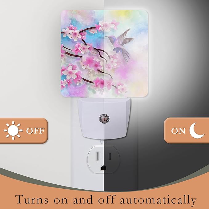 Cherry Blossoms Night Light,Humming Bird Night Lights Plug into Wall for Boys Girls Bedroom Decorative Half Round Nightlight Led Lamp 0.5W Sleep Friendly