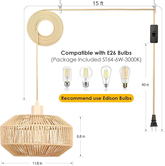Rattan Pendant Light Plug in - 15ft Hanging Lamp Cord with Switch, Boho Hanging Light Fixture, Handwoven Boho Lamp for Living Room, Bedroom, Kitchen Island, Hallway (3 Brightness Levels)