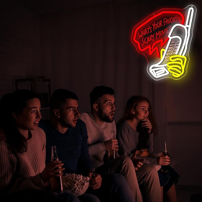 What'S Your Favorite Scary Movie Neon Sign for Wall Decor Dimmable Gothic LED Neon Light for Escape Room Bedroom Bar Halloween Party Terrifying Interior Birthday Gifts Size 14.3 * 11.2 Inch(TWP357)