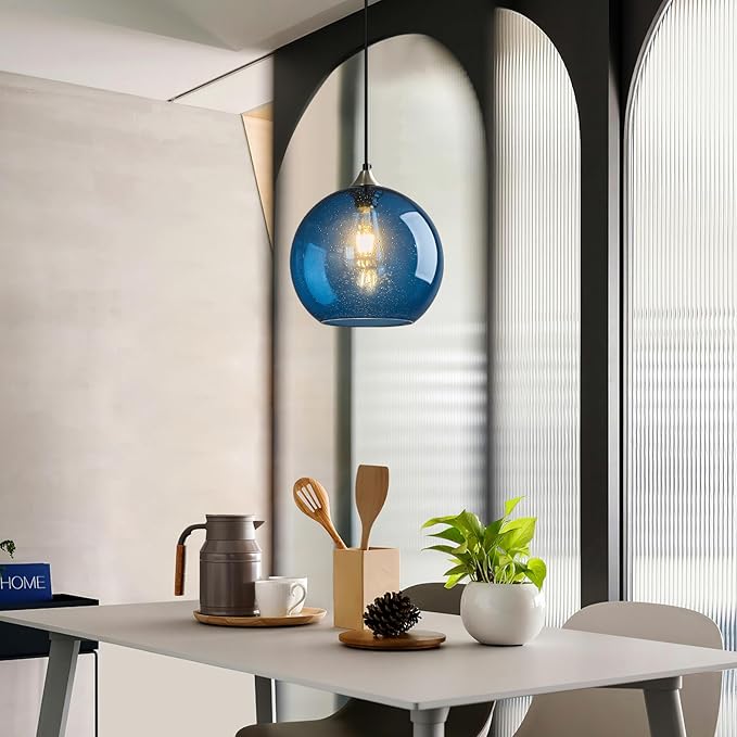 Blue Glass Pendant Lights Kitchen Island Lighting Globe Pendant Light Fixtures Modern Pendant Lighting for Kitchen Island Bedroom Living Dining Room Light Fixture(9.84in, 2-Pack)