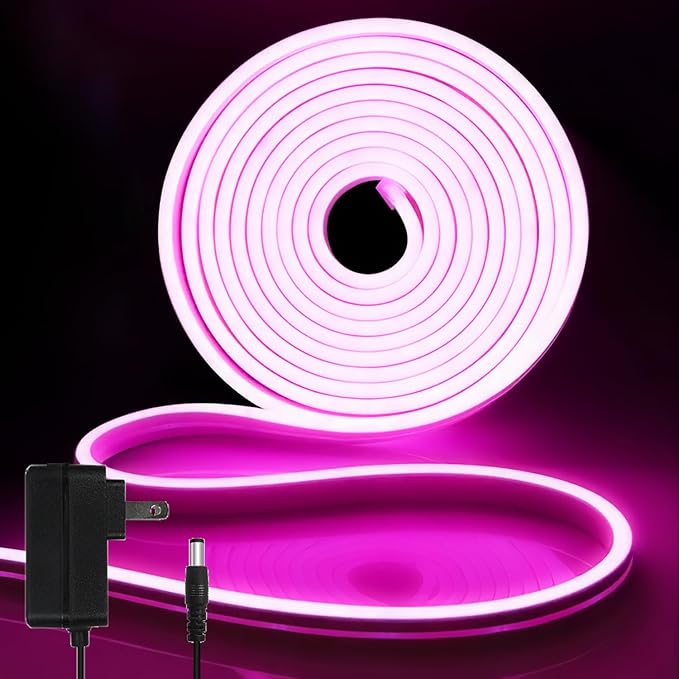 iNextStation 12V Pink LED Strip Lights 16.4FT, Flexible Silicone Neon Rope Light with Power Adapter, Waterproof, Cuttable, Dimmable & Linkable, LED Lights Strip for Bedroom, Kitchen(with Plug)