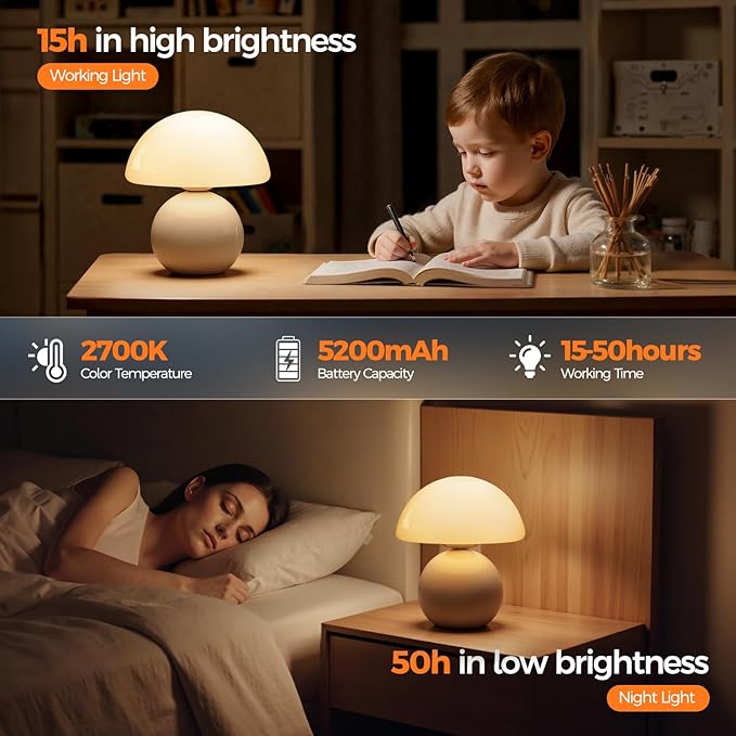 NIORSUN Wireless Mushroom Lamp Set of 2,Table Lamp for Bedroom, Portables Cordless Lamps,Wireless Light,Bedside Table Lamp for Living Room,Mini Mushroom 5200mAh Battery Operated Lamps Modern (White)