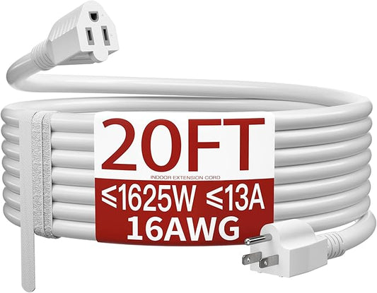 16/3 White Extension Cord 20 FT, Indoor Extension Cord Flexible & Durable, 3 Prong Power Cable, Suitable for Home and Office, 13 Amp 1625 Watt 125VAC 16AWG, ETL Listed