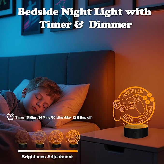 Game Night Light, Game Lamp for Kids, Game Console Night Light Gift, Christmas Holiday Birthday Gifts for Boys Boyfriend Him,Born to Game Forced to Go to School Lamp