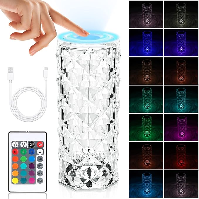 MIFXIN Crystal Table Lamp RGB 16 Colors Changing Remote Control Rose Diamond Crystal Lamp USB Charging Touch Light Decorative Acrylic Led Desk Lamp for Bedroom Living Room Dinning Table Decor