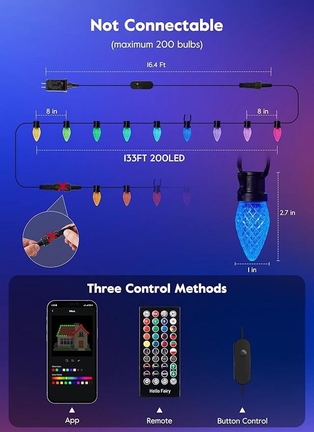 Brightown C9 LED Christmas Lights Outdoor, 200 LED RGB Smart Christmas Tree Lights with Remote, App Control, Music Sync, Waterproof C9 String Light for Indoor House Patio Holiday Xmas Decor