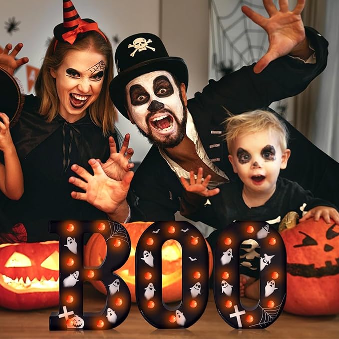 Halloween Lights Indoor Decorations - Battery Operated Boo LED Letters for Wall, Home, Party Room Halloween Decor