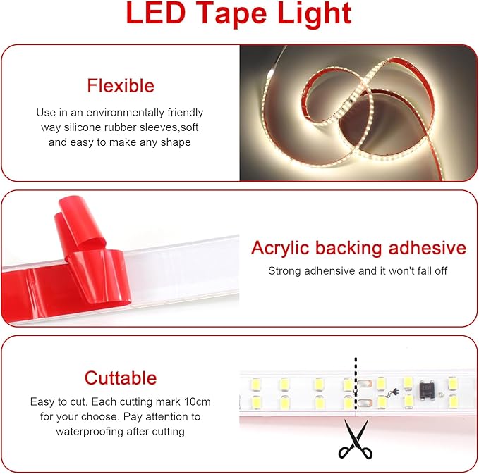 LED Lights 3.28ft AC 110 Volts LED Strip Lights Flexible Cuttable Rope Light 240LEDs/m 4000K SMD 2835 White Tape Lights with Adhesive for Bedroom Indoor Outdoor Cabinet Lighting