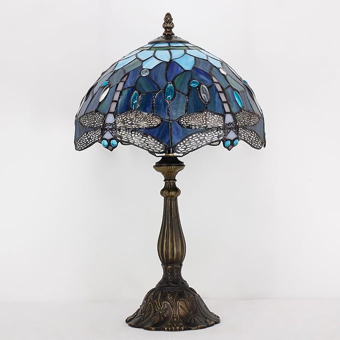 Tiffany Lamp Touch Control Table Lamp Blue Stained Glass Desk Lamp 12X12X19 Inches Dragonfly Style Reading Light