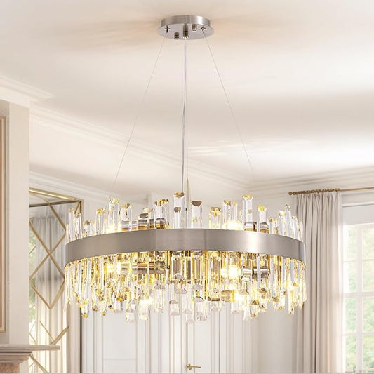 Siljoy Modern Crystal Chandelier for Dining Room, 12 Lights Luxury 2-Tiers K9 Crystal Chandelier Raindrop Pendant Ceiling Light for Living Room Kitchen Island Entry Foyer D23.6'', Brushed Nickel