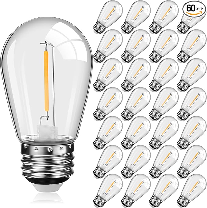 Mudder 60 Pack Halloween LED Light Bulbs 1w Replacement Light Bulbs S14 Shatterproof Waterproof String Lights Indoor Outdoor LED Lights Vintage Patio Bulb, E26 110v Regular Base (Warm White)