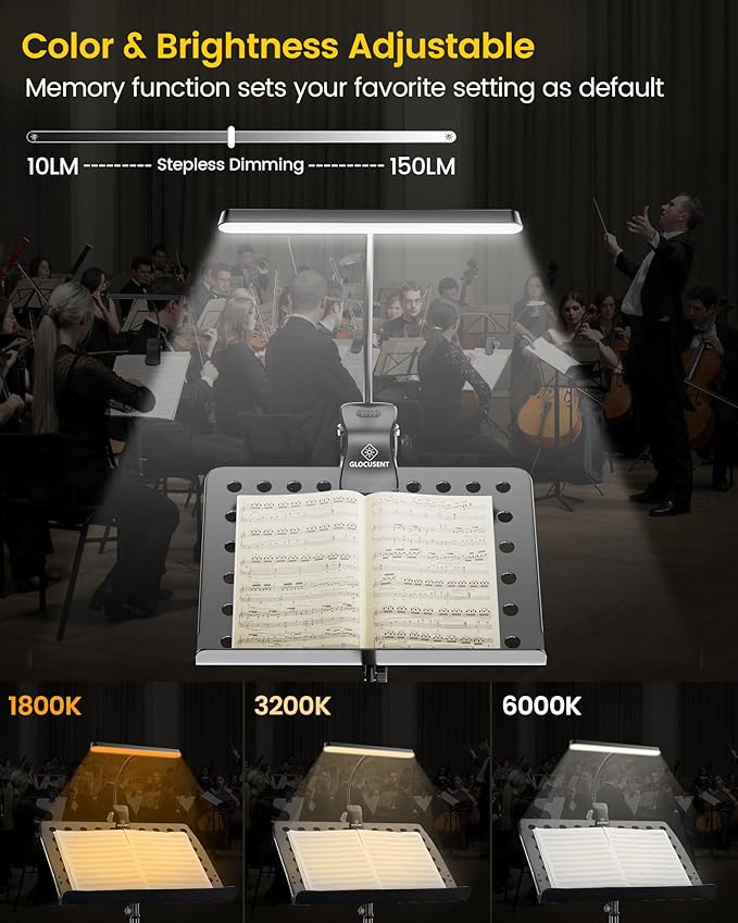 Glocusent Super Bright Eye-Caring Music Stand Light, Clip-on Piano Lamp with 3 Colors & 5 Brightness Levels, 57 LEDs, USB-C Rechargeable, Lasts up to 140 Hrs, Perfect for Piano & Sheet Music