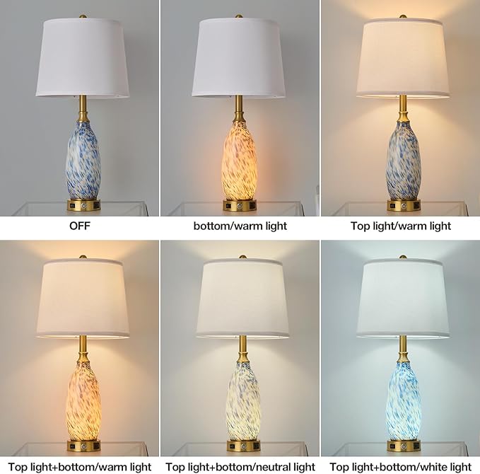 AIDENOEY 26" Modern Art Glass Table & Bedside Lamp, Stepless Dimmable Base + Dimmable 3-Color Light, USB A/C Charging Ports, Touch Control & Switch for Bedroom, Living Room, Office, Study