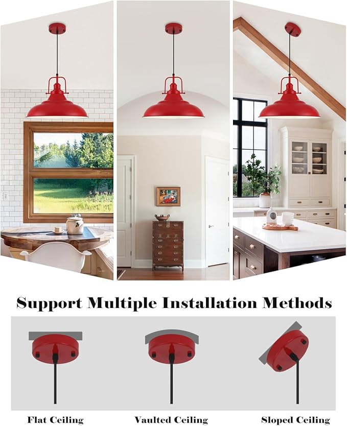 Red Pendant Light Kitchen Island,16 Inch Large Industrial Pendant Lights, Matte Red Pendant Lights, Vintage Farmhouse Pendant Light for Kitchen Island, Dining Room, Hallway (2 Pack)