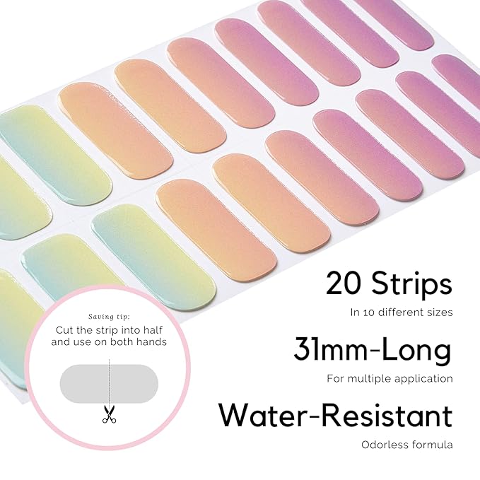 NAILOG Semi Cured Gel Nail Strips 20 Pcs | Buy 2 Get 1 UV Lamp | Extra Long Nail Wraps with Glossy Finishing | Dazzling Rainbow