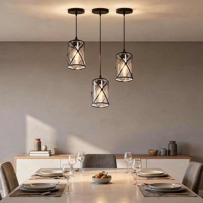 3 Light Pendant Lighting, Farmhouse Hanging Light Fixture for Kitchen Island & Dining Room, Industrial Vintage Ceiling Lamp with E26 Base, Adjustable Height, Matte Black with Glass Shades