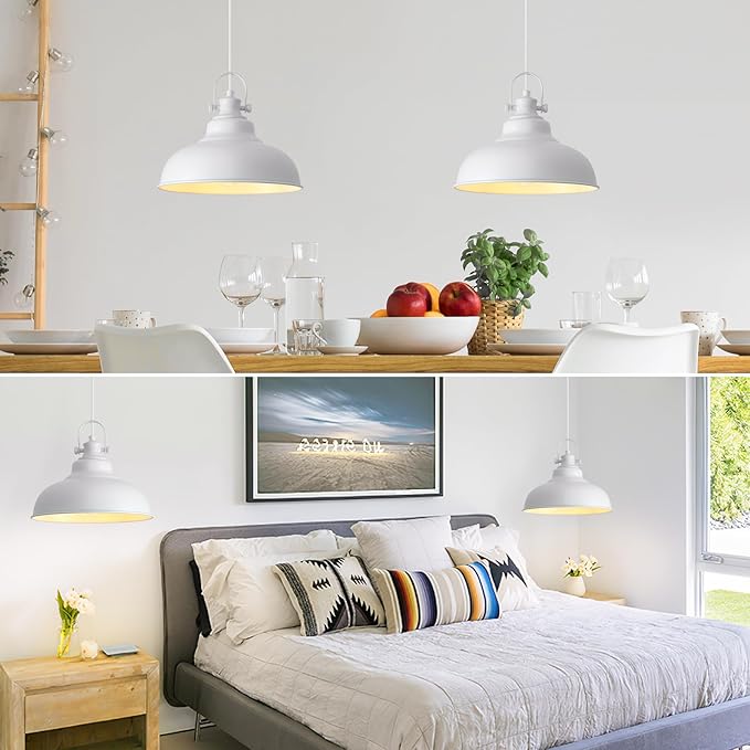 White Pendant Lights, 11.4 Inch White Dome Pendant Lights, Metal Pendant Light Fixture, Industrial Farmhouse Pendant Light 1 Pack, Island Pendant Lights for Kitchen, Dining Room, Bedroom