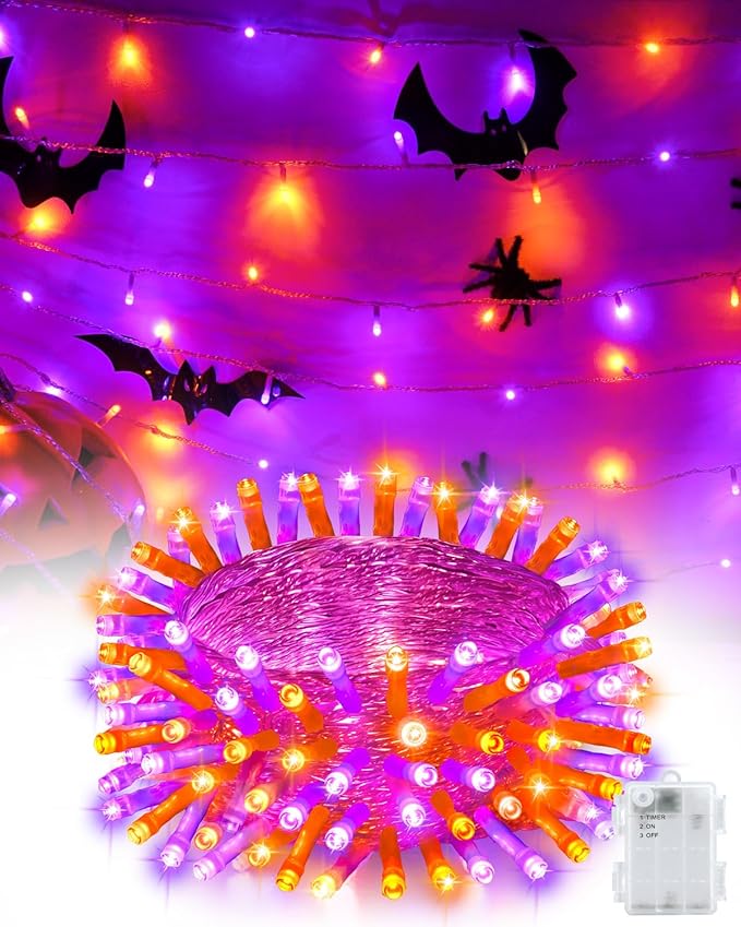 Halloween String Lights Battery Operated, Orange and Purple Lights with Timer Waterproof 16.4ft 50 LED Halloween Decorations for Outdoor Indoor Patio Party Garden Yard Decor