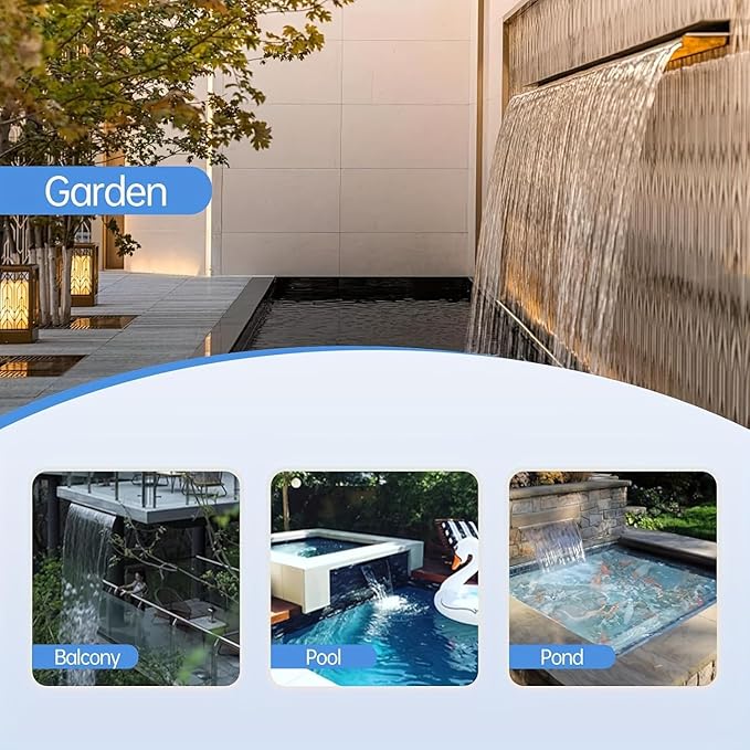 Pool Fountain Stainless Steel Pond Waterfall Spillway Kits for Indoor/Outdoor Decorative, 36 Inches Black Pool Water Feature for Garden Patio, Backyard Koi Pond Decor(No LED Light)