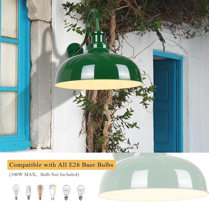 Outdoor Gooseneck Barn Lights, 16 Inch Dome Rustic Outdoor Wall Sconces, Farmhouse Exterior Wall Mount Lighting Fixture, Industrial Green Wall Lantern for Porch, Entryway, Garage, RZ007L-2 GR+WH