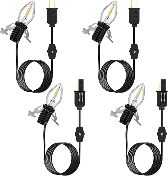 Enhon Accessory Cord with 1 LED Light Bulb, 6ft Blow Mold Light Cord with C7 Bulbs, Black Cord with On/Off Plug, Christmas Village Light for Holiday Indoor House Decoration Craft Projects(4 Pack)