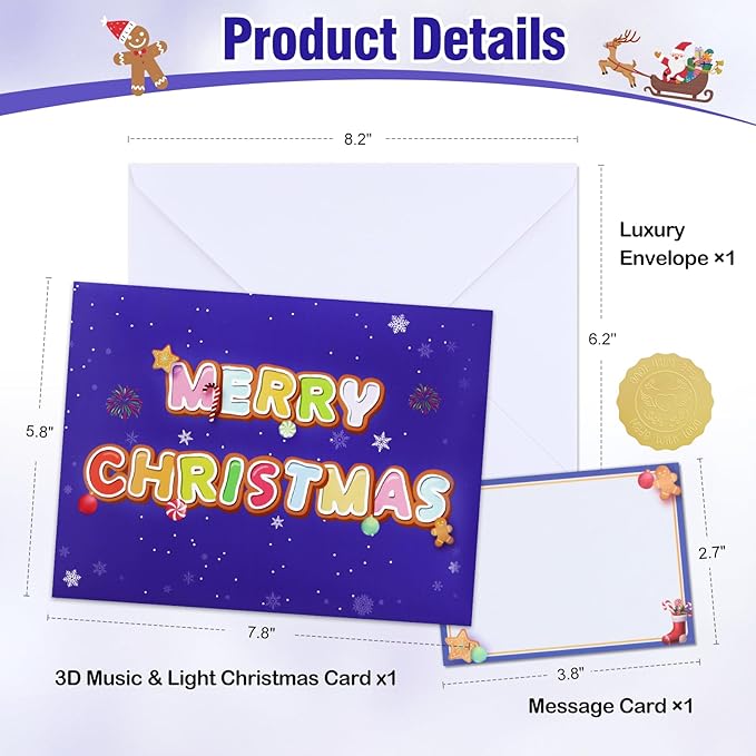 FaCraft Musical Christmas Cards, with Lights and Music, Handmade 3D Pop Up Christmas Tree Card, with Envelope, Blank Insert and Seal, for Winter, Holidays, New Year