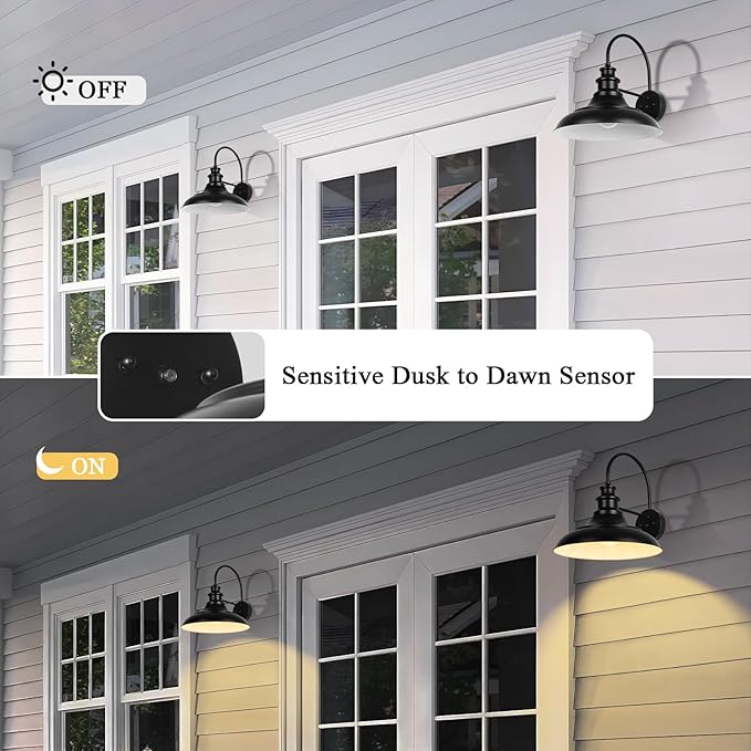 Dusk to Dawn Sensor Outdoor Barn Light Fixtures, 12.3 Inch Dome Farmhouse Outdoor Wall Sconces, Gooseneck Exterior Wall Mount Lights, Industrial Black White Wall Lanterns for Porch, DDRZ004-4 BK+WH