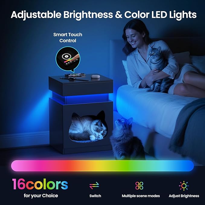 Night Stand with Charging Station, Wooden Bedside Table with LED Lights, Dark Grey Nightstand with Sliding Drawer, Modern End Table with Storage Space for Bedroom, Office, Courtyard