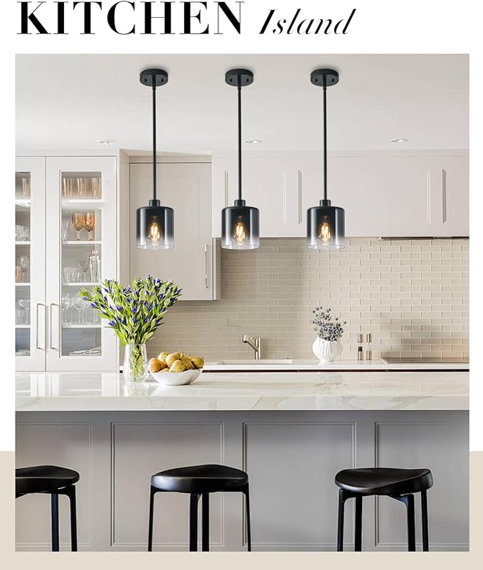 Black Pendant Light Fixtures, Modern Pendant Lights for Kitchen Island with Adjustable Rods, Industrial Glass Pendant Lights for Dining Table Hallway Bedroom Living Room, 1 Pack