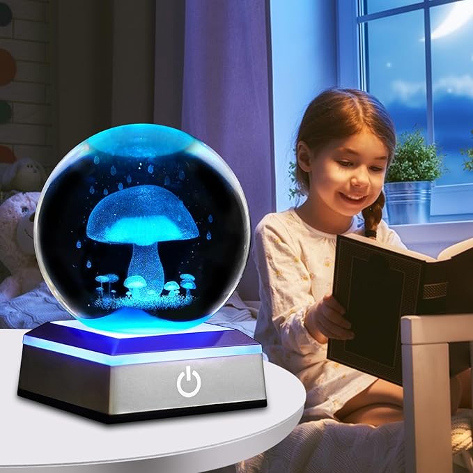 3D Mushroom Crystal Ball Night Light 3.15 inch Glass Ball Table Lamp with Color Changing Touch Base Mushroom Decor Ideal Gifts for Friends Kids Christmas Birthday