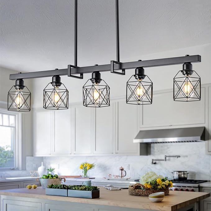 5-Light Modern Farmhouse Island Lighting, Adjustable Height Black Rustic Chandelier with Matte Black Geometric Shade, E26 Base Hanging Light for Dining Room Over Table