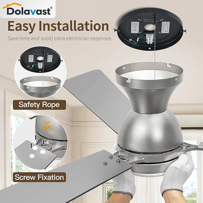 Ceiling Fans with Lights and Remote, 52 Inch Ceiling Fan with Light, Low Profile Reversible Ceiling Fans, Dimmable LED, Flush Mount, Quiet, DC Motor, Nickel Ceiling Fan for Bedroom, Kitchen