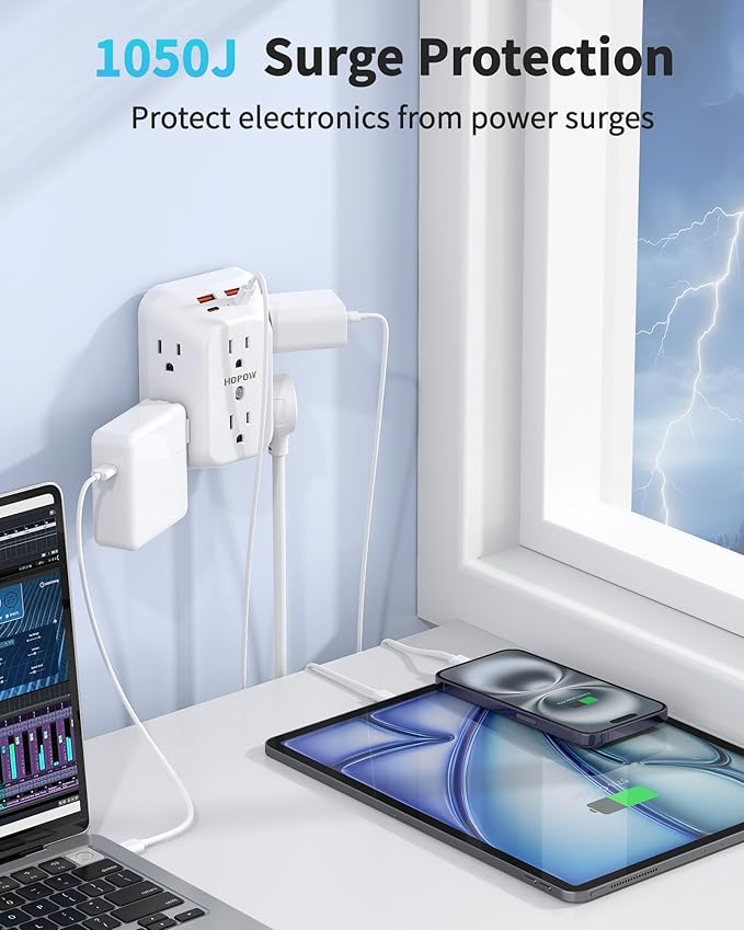 Outlet Extender Surge Protector, 6 Outlet Splitter with 4 USB Ports (2 USB C), USB Wall Charger, 3-Sided 1050J Multi Plug Wall Outlet, Wall Mount for Home Travel Office Travel, White