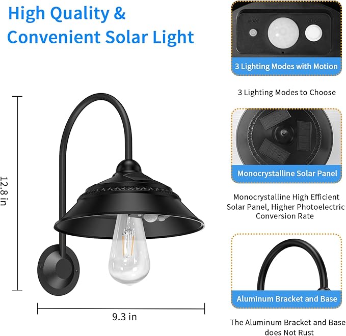 Aqonsie Solar Barn Lights Outdoor, Vintage Rustic Solar Chicken Coop Light with 3 Lighting Modes & Motion Sensor, Waterproof Outdoor Wall Mount Light for Barn, Shed, Chicken Coop