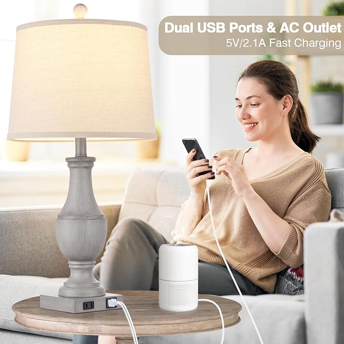 Farmhouse Table Lamps Set of 2, Rustic 25" Touch Control Bedside Lamps with 2 USB Ports & AC Outlet, Vintage 3-Way Dimmable Nightstand Lamp Linen Fabric Shade for Living Room Bedroom End Table Decor